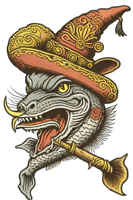 catfish wearing a sombrero smoking pipe tattoo design idea