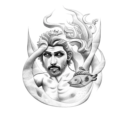 A Greek god emerging from the water, surrounded by a school of colorful tropical fish tattoo design idea