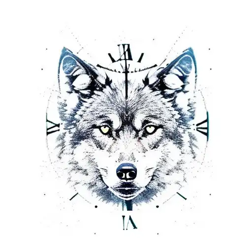 black wolf and big clock and a compass full sleave tattoo design idea