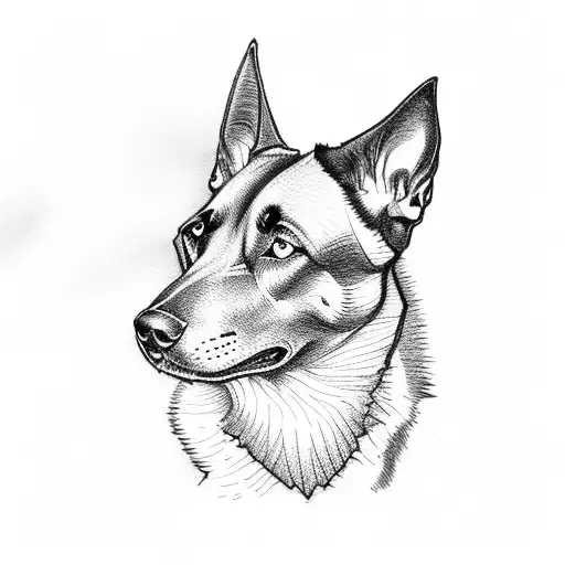 black belgian malinois head surrounded by mountains and firs tattoo design idea