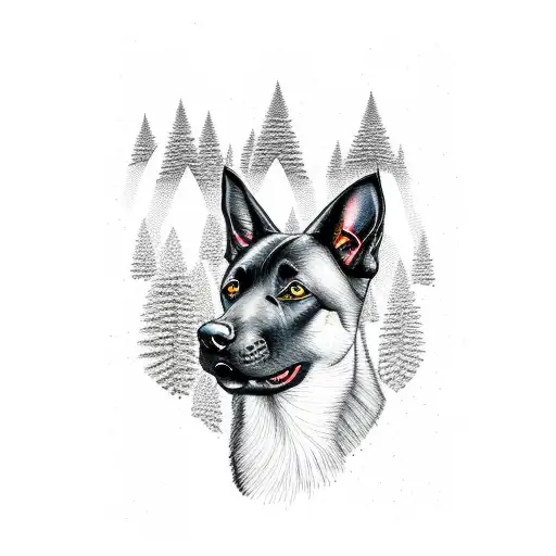 black belgian malinois head surrounded by mountains and firs  tattoo design idea