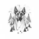 black belgian malinois head surrounded by mountains and firs tattoo design idea