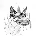 black belgian malinois head surrounded by mountains and firs tattoo design idea