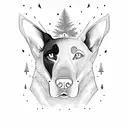 black belgian malinois head surrounded by mountains and firs tattoo design idea