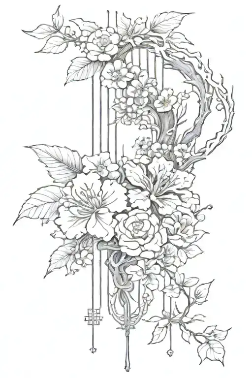 Fine line black and red Japanese theme spine tattoo with floral elements  tattoo design idea