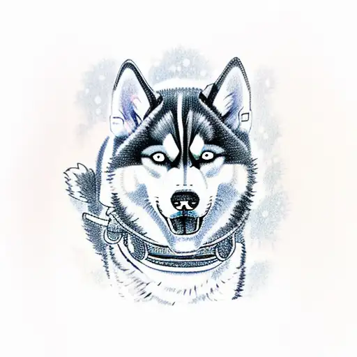 A fierce and determined husky pulling a sled through a snowy landscape tattoo design idea