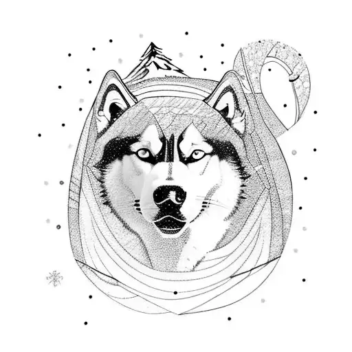 A fierce and determined husky pulling a sled through a snowy landscape tattoo design idea