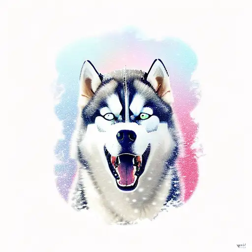 A fierce and determined husky pulling a sled through a snowy landscape tattoo design idea