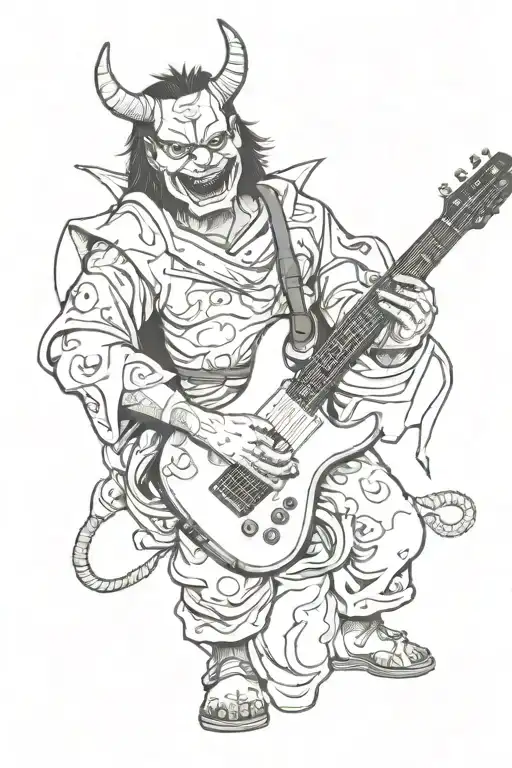 japanese devil holding electro guitar tattoo design idea