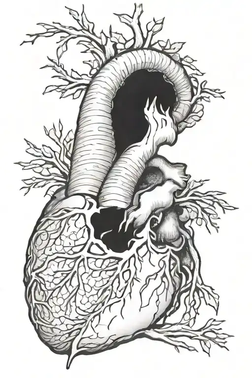 a black hole from which thick roots emerge and envelop the anatomical heart. tattoo design idea