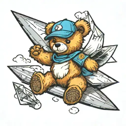teddy bear and paper airplane tattoo design idea