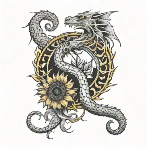Ouroboros Dragon and sunflower blooming tattoo design idea