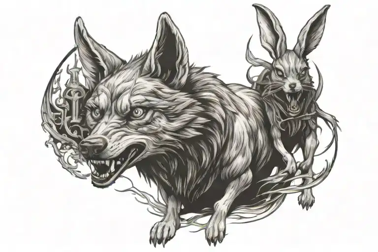 demonic wolf chasing a terrified, shadowy rabbit tattoo design idea
