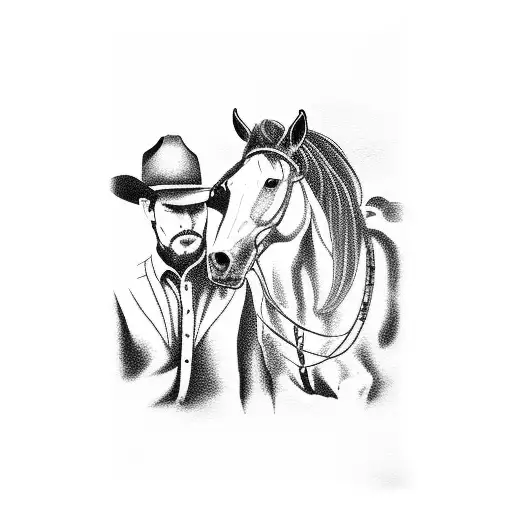 Sideview of a horse with a cowboy sitting against his les. In the background a dessert/country like environment.  tattoo design idea
