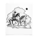 Sideview of a horse with a cowboy sitting against his les. In the background a dessert/country like environment.  tattoo design idea