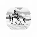 Sideview of a horse with a cowboy sitting against his les. In the background a dessert/country like environment.  tattoo design idea