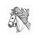 Sideview of a horse with a cowboy sitting against his les. In the background a dessert/country like environment.  tattoo design idea