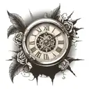 broken clock using Roman numerals that reads 9:22 tattoo design idea