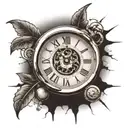 broken clock using Roman numerals that reads 9:22 tattoo design idea