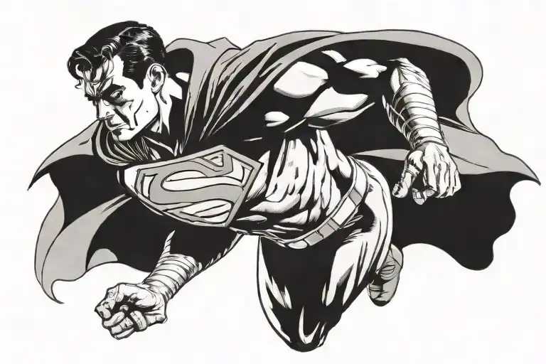 full body, black and white, side view of Superman using heat vision, comic book art style, no color tattoo design idea