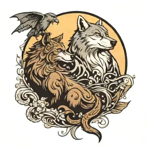 The wolf and the bear look at the moon while a wyvern flies tattoo design idea