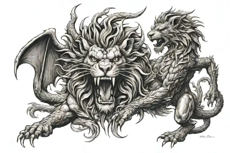 dragon fire bresthing and lion roaring tattoo design idea