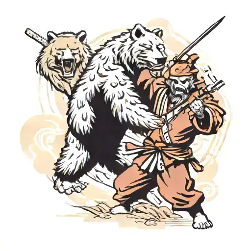 A samurai warrior and a grizzly bear, either fighting or being together in harmony in nature tattoo design idea