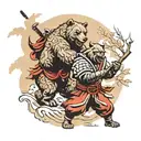 A samurai warrior and a grizzly bear, either fighting or being together in harmony in nature tattoo design idea