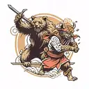 A samurai warrior and a grizzly bear, either fighting or being together in harmony in nature tattoo design idea