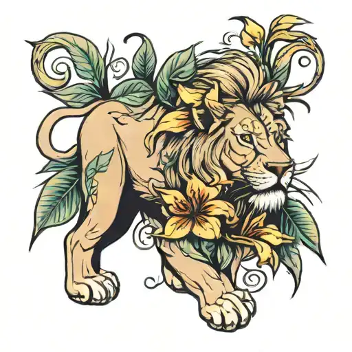 lion with daylily tattoo design idea
