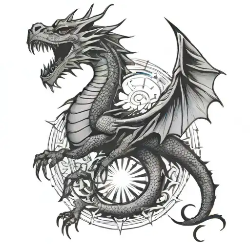 simple dragon and the sun rising tattoo design idea