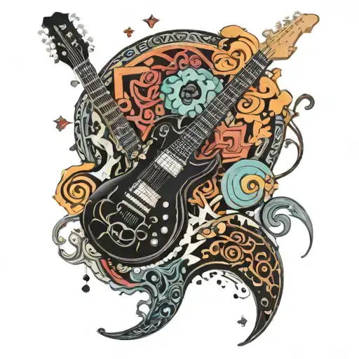 Black Electric Guitar as a portal to another dimension, sureounded by psychedelic  tattoo design idea