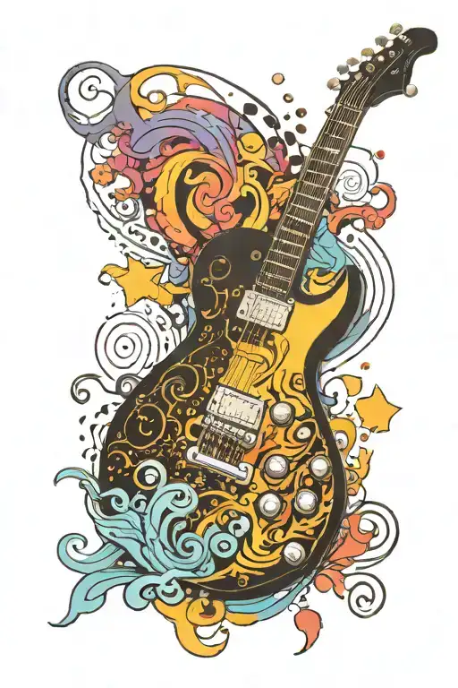 Black Electric Guitar as a portal to another dimension, sureounded by psychedelic colors and patterns  tattoo design idea