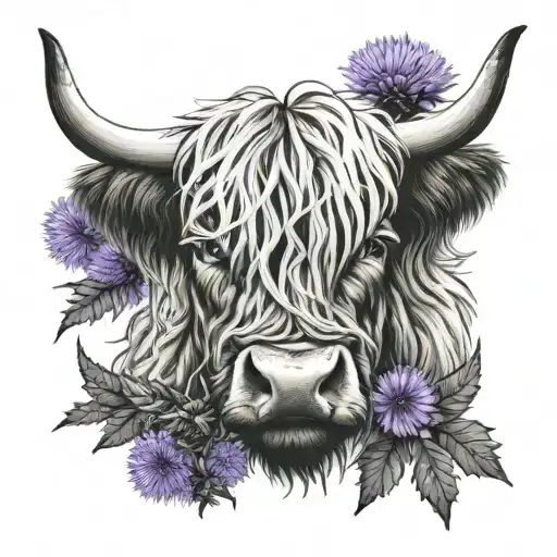 highland cow face with thistle  tattoo design idea