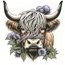 highland cow face with thistle  tattoo design idea