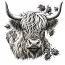 highland cow face with thistle  tattoo design idea