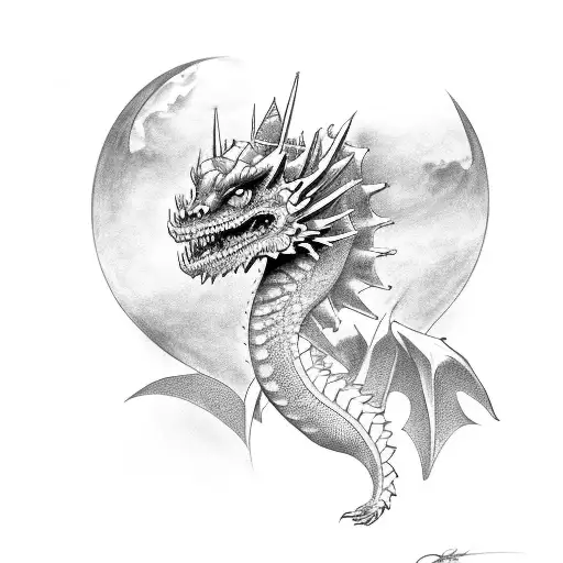 Queen with a dragon behind her tattoo design idea