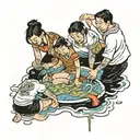 four people washing clothes in river tattoo design idea