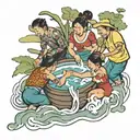 four people washing clothes in river tattoo design idea