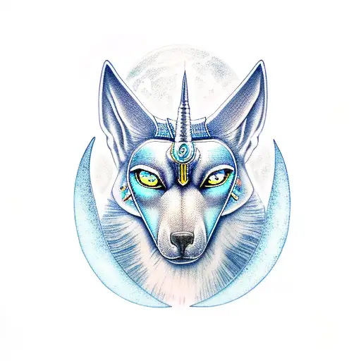 Anubis with blue eyes and a glowing moon above tattoo design idea