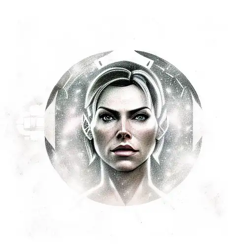 A portrait of Commander Shepard with the N7 logo and a galaxy background tattoo design idea