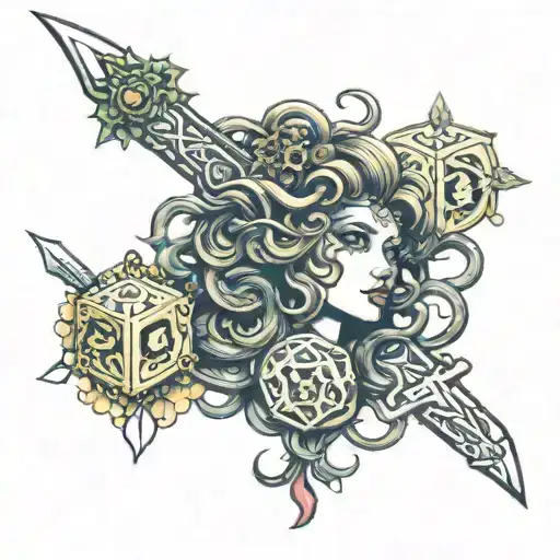 medusa and japon and dice and sword tattoo design idea