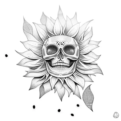 A dotwork skeletal tree with sunflower petals falling like leaves tattoo design idea