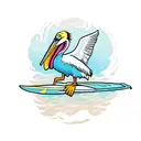 comic strip colorful pelican holding a surfboard under his wing tattoo design idea