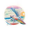 comic strip colorful pelican holding a surfboard under his wing tattoo design idea