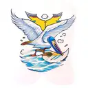 comic strip colorful pelican holding a surfboard under his wing tattoo design idea