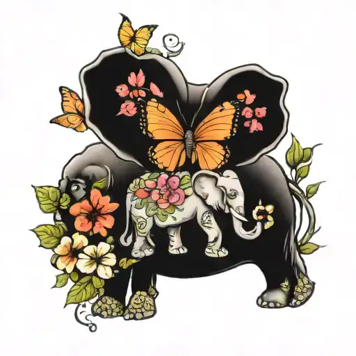 Elephant and hibiscus flowers with butterflies tattoo design idea