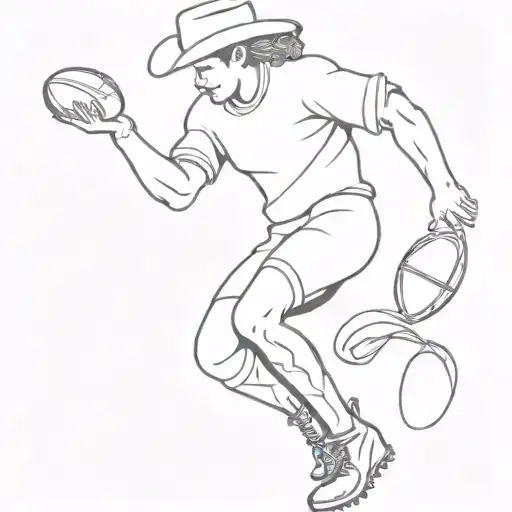 A detailed yet minimalist outline of a female rugby player with curly hair in a cowboy hat and rugby boots tattoo design idea