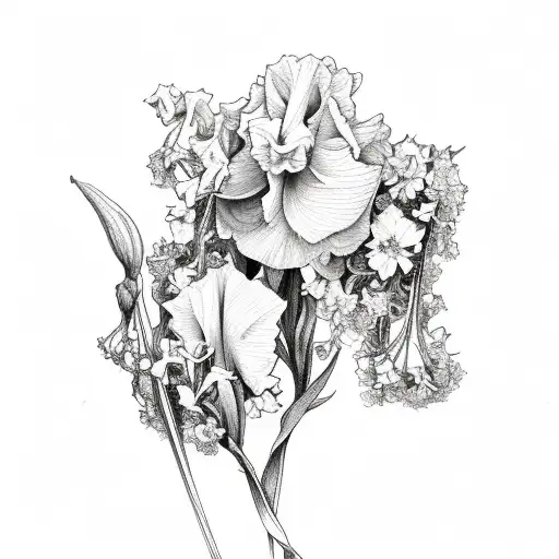 rose, iris, daffodil, dead flower, honeysuckle, violet, hydrangea, and lilac in vine formation tattoo design idea