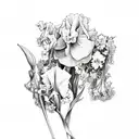 rose, iris, daffodil, dead flower, honeysuckle, violet, hydrangea, and lilac in vine formation tattoo design idea